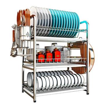 Imagem de Escorredor de pratos de aço inoxidável 304 escorredor de pratos com suporte de faca e suporte de utensílios, prateleira para secadora de pratos de 3 camadas, grande capacidade, economia de espaço,