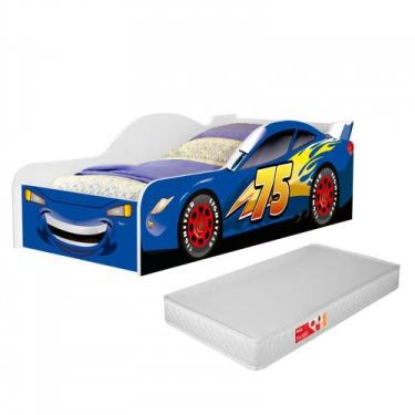 Imagem de Cama Carro Infantil Mcqueen Azul com Colchão Menino Menina Casinha Gra