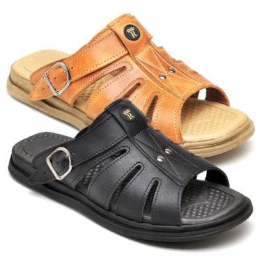 Imagem de Kit 2 Sandálias Masculinas Couro Solado Borracha Leve Macio - Rubim Ca