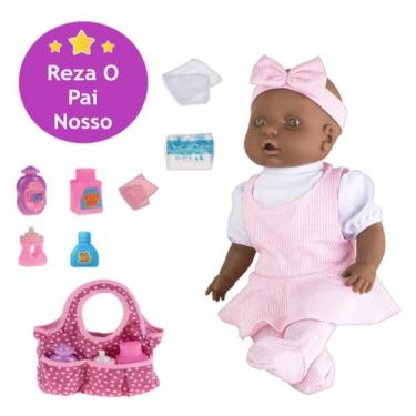 Imagem de Kit Boneca Bebe Judy Negra Ensina Orar + Bolsa Acessórios - Milk Brinq