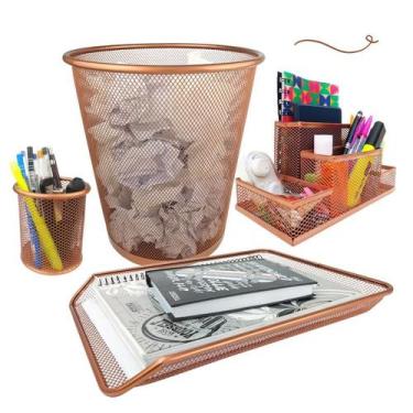 Imagem de Kit Escritório Lixeira Organizador de Mesa Bandeja Organizadora Porta 