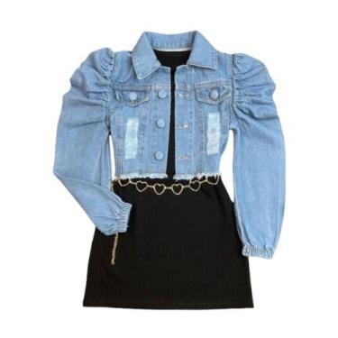 Imagem de Vestidinho Infantil E Jaqueta Jeans Blogueira+ Cinto Coração - Ak Fash