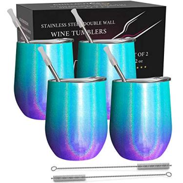Imagem de CHILLOUT LIFE Copos de vinho de aço inoxidável de 350 ml, pacote com 4 - Conjunto de copos de vinho isolados a vácuo de parede dupla com tampas e canudos para café, vinho, coquetéis - Mermaid Sparkle