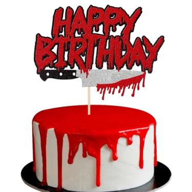 Imagem de Rsstarxi 1 Pack Glitter Have a Killer Birthday Cake Topper Bloody Halloween Happy Birthday Cake Pick Decoration for Bloody Horror Birthday Theme Halloween Party Cake Decorations