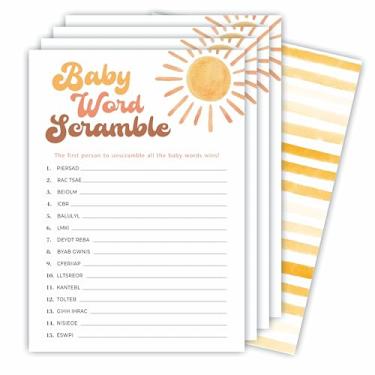 Imagem de Kits de jogo de corrida de palavras de bebê para chá de bebê - 30 cartas de jogo dupla face preenchidas em aquarela estilo Sunshine 1 cartão de resposta para revelação de gênero, anúncio de bebê,