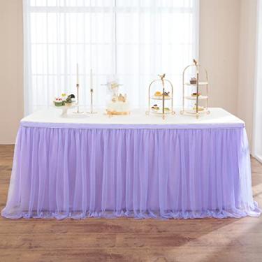 Imagem de Saias de mesa de tule lavanda para mesas retangulares ou redondas de 1,8 m, saia de mesa tutu roxo bebê pano de festa de aniversário decorações de sereia (L274 cm × A 76 cm, mesa de 1,8 m 3 lados cobertos)