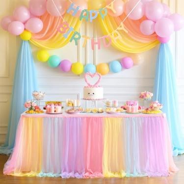 Imagem de Suppromo Saia de mesa arco-íris para festa de aniversário de 1,8 m, saia de mesa tutu de tule de unicórnio para chá de bebê, menina, menino, revelação de gênero, toalha de mesa arco-íris para