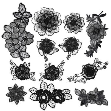 Imagem de 12 peças de apliques de flores bordadas de renda preta para roupas 3D florais costurados em remendos para vestido feminino, jeans, suéter, chapéus, sapatos, bolsas, roupas, decoração, casamento,