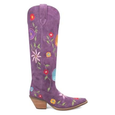 Imagem de Dingo Bota feminina floral bordada floral bico curto casual acima do joelho salto médio 5-7,6 cm - roxo, Roxa, 39
