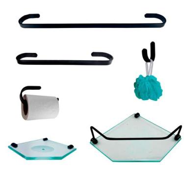 Imagem de Kit Para Banheiro Platinum Preto Vidro Sextavado Incolor - VSA