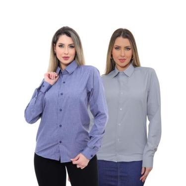 Imagem de KIT Feminino 2 Peças - Camisa Social Premium Tipo Linho Azul Cobalto e