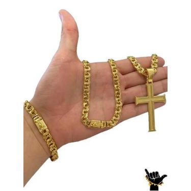 Imagem de Corrente Friso 8mm + Pulseira + Pingente - Banhado a Ouro - ToJoia18k