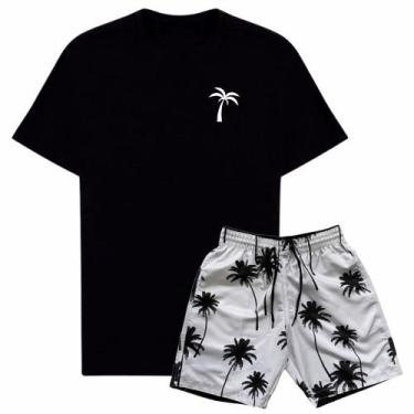 Imagem de Kit Conjunto Camiseta Básica Algodão e Short Tactel Com Bolsos Estampa