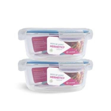 Imagem de Kit 2 Potes De Vidro Redondo Com Tampa Hermética 1300ml - NABOX, Azul