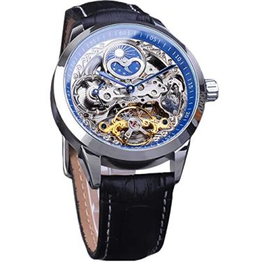 Imagem de FORSINING Relógio Masculino Esqueleto Fase da Lua Mecânico Turbilhão Automático Relógio de Pulso Duplo Fuso Horário Pulseira de Couro Luxo Mostrador Grande, Azul