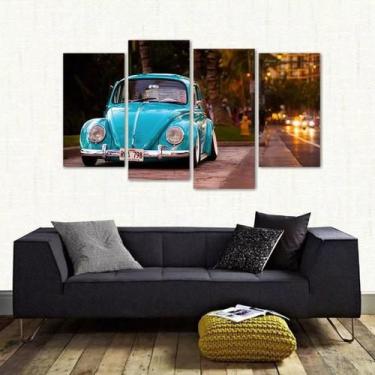 Imagem de Quadro Decorativo Fusca Azul Vintage Sala Em Tecido 4 Peças - Wall Fra