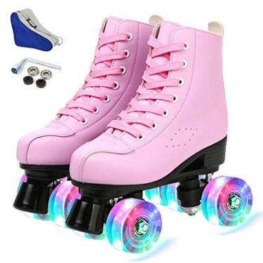 Imagem de Patins femininos ao ar livre couro PU de cano alto skate de quatro rodas fileira dupla patins brilhantes para mulheres homens crianças (rosa flash, 40-Reino Unido: 7-EUA: 7,5)