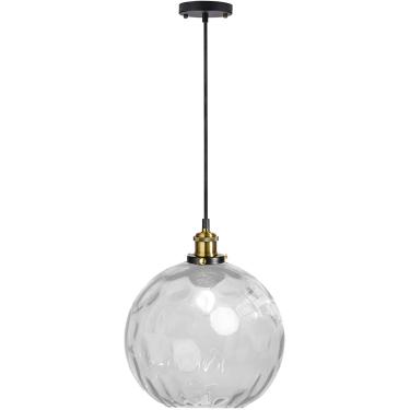 Imagem de Luz pendente esférica vintage industrial, abajur de bola de vidro colorido de 20 cm em ondulação de água, barra de loft retrô E27 lâmpada suspensa de teto com acabamento em bronze, transpare