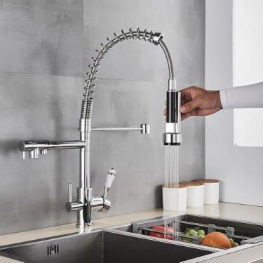 Imagem de Torneira de cozinha de água pura com filtro e torneira giratória Daul Handle Purificação Torneira misturadora de água fria e quente Lavagem Daul Modelo Crane, cromado A