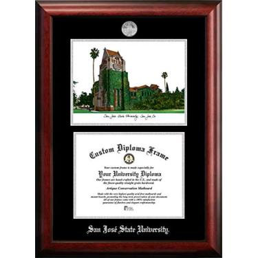 Imagem de NCAA San Jose State Spartans Unissex Medalhão Prata Universidade Estadual de San Jose 28 cm x 21 cm Moldura de Diploma Prata em Relevo com Litografia de Imagens do Campus, Marrom, Tamanho Único