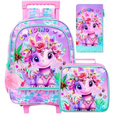 Imagem de ZLYERT 3 unidades de mochila com rodinhas para meninas, mochila infantil com rodas, unicórnio sereia dinossauro mochila com rodas para escola, Dinossauro rosa, One Size
