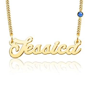 Imagem de LuxglitterLin Colar de ouro personalizado feito com pedra do mês de nascimento Swarovski, joia de aço inoxidável, corrente de elos cubanos, presente de dia das mães para mulheres, Metal, Cristal