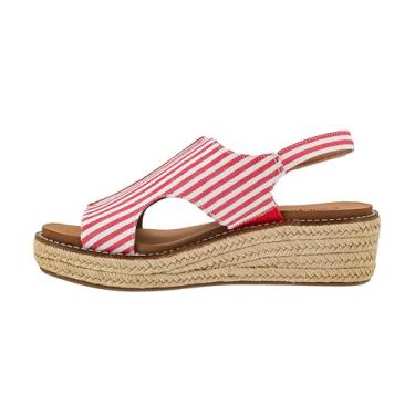 Imagem de Corkys Footwear Sandálias femininas Ready Or Not Wedge com salto de 5 cm – Palmilhas de EVA que melhoram o conforto, fecho de velcro e design elegante de juta na parte inferior, Listra branca