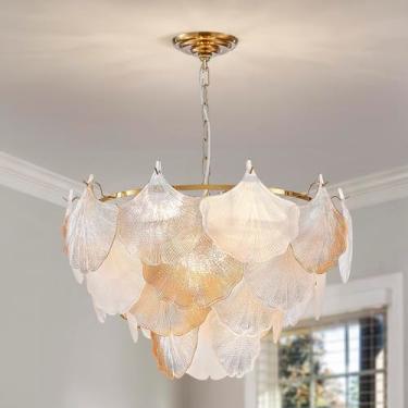 Imagem de SM Saint Mossi Lustres Modernos Saint Mossi Para Sala De Jantar, Luminária Pendente Para Sala De Estar, Cúpulas De Vidro Ripple White & Champagne Ginkgo Leaf, Cúpulas De Vidro Com Moldura De Metal C