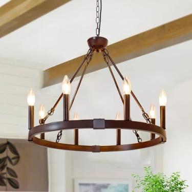 Imagem de Rviezza Lustre De Roda De Carroça De 8 Luzes, Luminária De Sala De Jantar De Bronze Esfregado A Óleo De 23,6" Com Altura Ajustável, Luzes Suspensas Industriais Para Sala De Estar, Quarto, Hall De En
