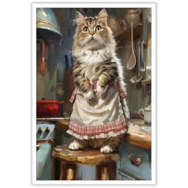 Imagem de Avental engraçado de animais de cozinha gato arte de parede cadeira vintage gato em pé pôsteres em tela fofos amantes de gatos de estimação pinturas minimalistas para sala de estar quarto sala de