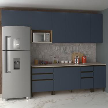 Imagem de Cozinha Completa Bartira Cristal Tempero com 8 Portas, 8 Gavetas, 6 Prateleiras, 1 Nicho para Micro-ondas e 300cm de Largura - Lâmina Mel/Azul Royal