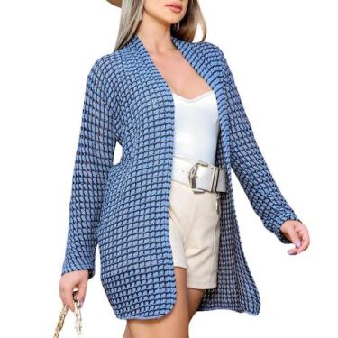Imagem de Kimono Cardigan Inverno Feminino Quadradinho Reto - EUC STORE, Azul pe