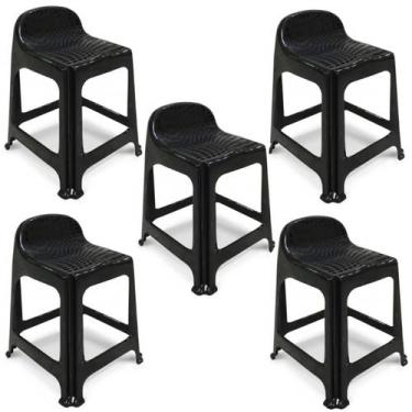 Imagem de Kit 5 Banquetas de Plástico Banquinho Com Encosto Preto Empilhável - P