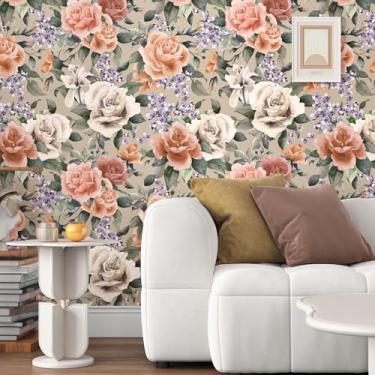 Imagem de Papel de parede floral rosa boho papel de parede bege descascar e colar flor rosa papel de contato para quarto banheiro folha verde papel de contato para paredes gavetas adesivos de parede botânicos
