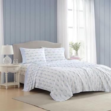 Imagem de Laura Ashley - Jogo de lençol Queen, roupa de cama de algodão percal respirável com fronhas combinando, 200 fios, bolso profundo, essencial para quarto chique (fita floral azul, King)