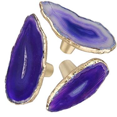 Imagem de Rockcloud Pacote com 4 puxadores decorativos de gaveta de fatia de ágata com parafusos, alças de armário de ágatas de forma irregular com borda banhada a ouro, roxo
