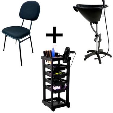 Imagem de kit salão preto carrinho + lavatório portátil + cadeira fixa - SANTA C