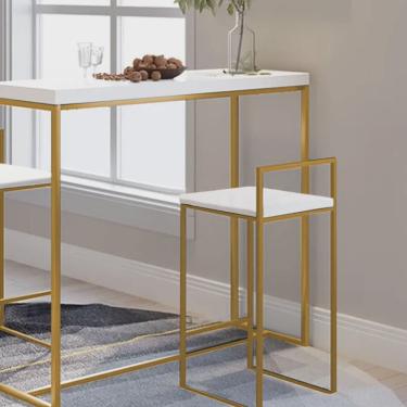 Imagem de Banqueta Alta Com Encosto Lino Industrial Balcão Bistrô Ferro Dourado mdf Madeira Branco- Ahz Móveis