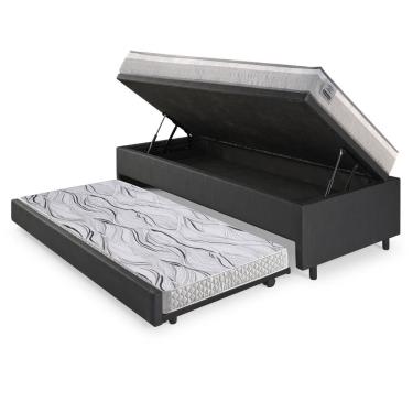 Imagem de Bicama Box Baú Solteiro Courino Linho Preto 88x188 Com Colchão Hanover Molas Ensacadas Inducol