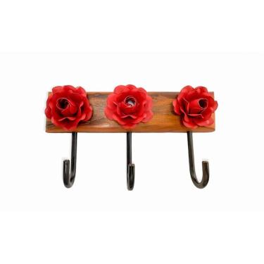 Imagem de Cabideiro decor com 3 flores de metal vermelha P E madeira