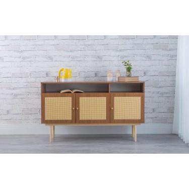 Imagem de Balcão Buffet Pés Palito Madeira 3 Portas Com Nichos Mdf E Palhinha Es