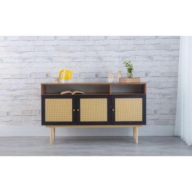 Imagem de Balcão Buffet Pés Palito Madeira 3 Portas Com Nichos Mdf E Palhinha Es