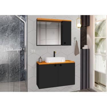 Imagem de Conjunto Para Banheiro Gabinete Suspenso com Cuba e Espelheira Madri Preto com Nature -...