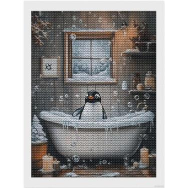 Imagem de HMDIIMGE Kit de arte de desenho de diamante fofo pinguim na banheira para adultos DIY pintura de arte de diamante broca completa arte de pedra redonda para artesanato decoração de parede 30 x 40 cm