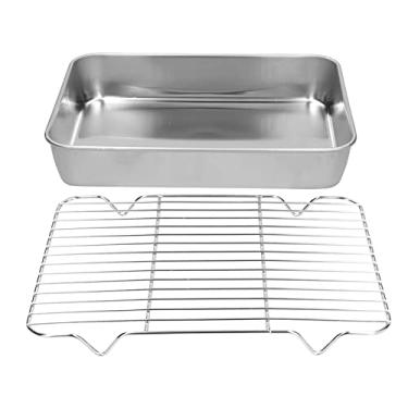 Imagem de Conjunto de Assadeira e Rack de Aço Inoxidável - Torrador Retangular de Fácil Limpeza para Cozinhar e Assar Saudáveis (23,5 * 17,5 * 5CM)