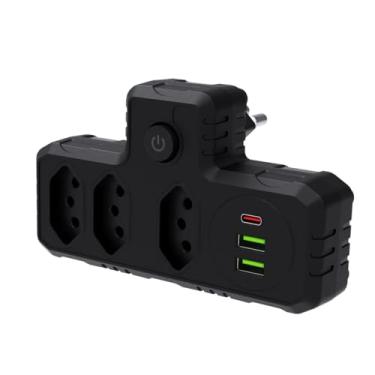 Imagem de Adaptador Universal de Tomada 3 Tomadas Pinos com USB Tipo C Carregador Rápido (Preto)