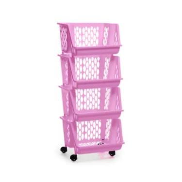 Imagem de Cesto Organizador Multiuso Plástico 2, 3 ou 4 andares Empilhável Expositor c Rodinhas Diversas Cores(quadruplo rosa)