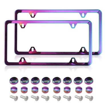 Imagem de Pacote com 2 molduras iridescentes para placa de licença, suporte de placa de licença de aço inoxidável à prova de ferrugem, suporte universal de placa de licença dos EUA, moldura arco-íris polida