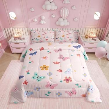Imagem de Erosebridal Jogo de cama de solteiro, borboleta kawaii, fofo, floral, rosa, para meninas e crianças, edredom de jardim com flores de coquete, decoração de quarto de princesa, rosa feminino, 1 fronha
