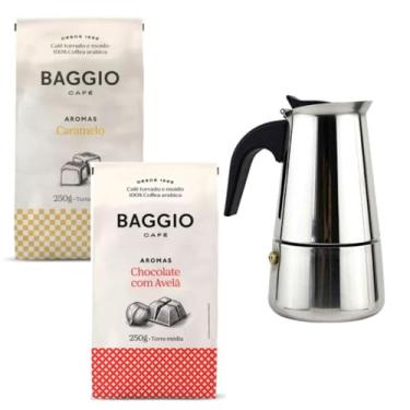 Imagem de Kit Café Baggio 2 Pacotes Aromas Caramelo e Chocolate Com Avelã 250g cada + 01 Cafeteira Italiana Inox 6 Xícaras